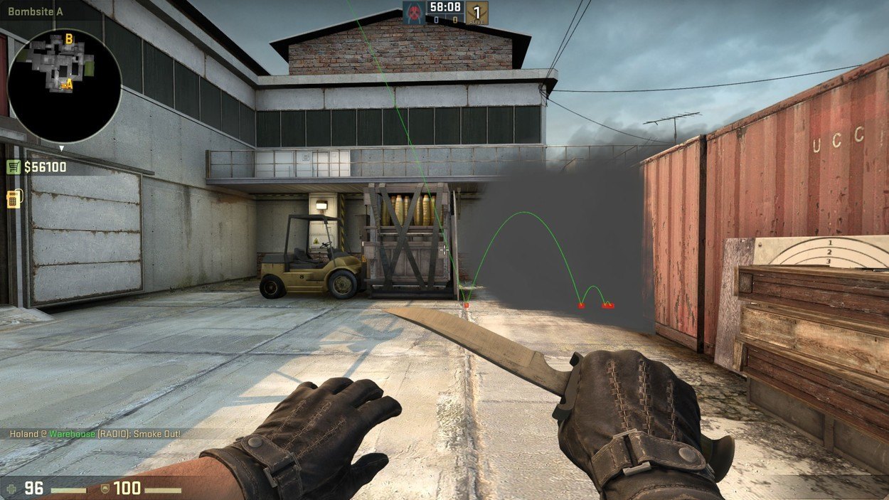 The trajectory of the “Truck” Smoke that shows where it bounces.