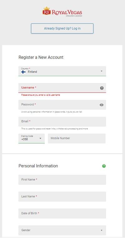RoyalVegas registration